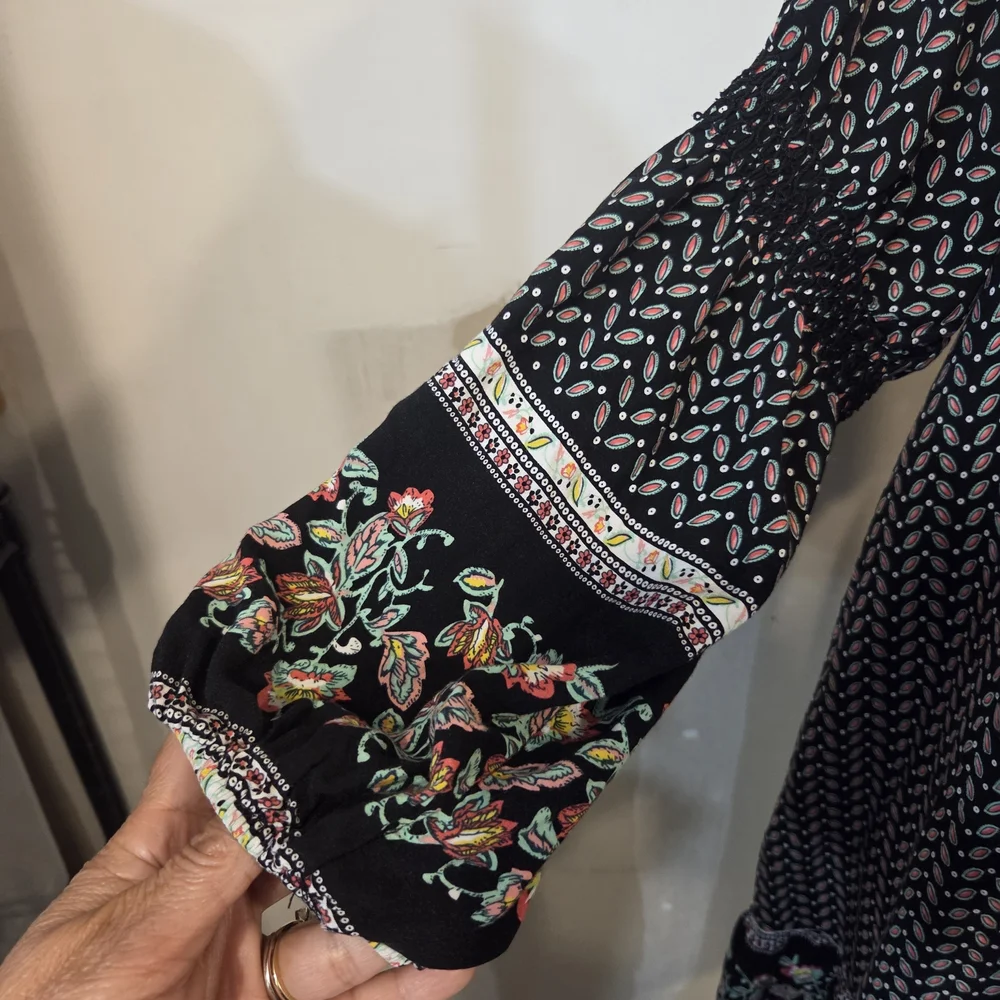 Umgee Boho Black Printed Dress Pink Trim Colorblock V Neck Embroidered Sleeves - Picture 7 of 16